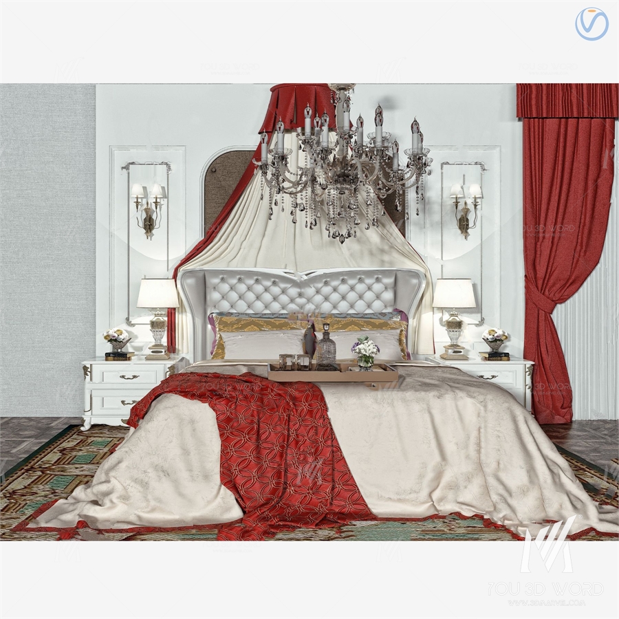 European style fabric double bed 3d model